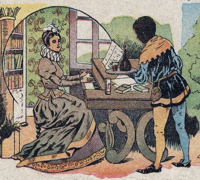 Illustration zum Märchen „Die Schöne und das Biest“: Es war von Aufmerksamkeit umgeben. Kupferstich von Quinn, um 1890 von French School