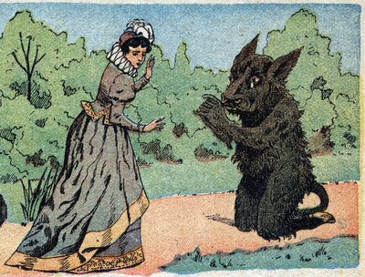 Illustration zum Märchen „Die Schöne und das Biest“: das Biest fragt die Schöne, die plötzlich erschrocken ist. Gravur von Quinn, um 1890. von French School