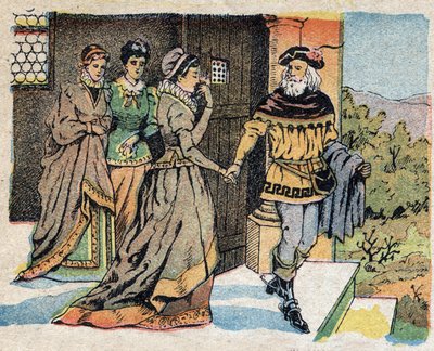 Illustration zum Märchen "Die Schöne und das Biest": der Kaufmann verabschiedet sich von seinen drei Töchtern und verspricht ihnen ein Geschenk bei seiner Rückkehr. Gravur von Quinn imagery, ca. 1890 von French School