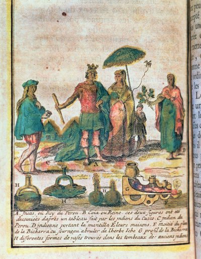Illustration aus einer Geschichte Perus, die einen Inka-König und eine Königin mit indischen Begleitern und ein Diagramm einer Bicharra zeigt von French School