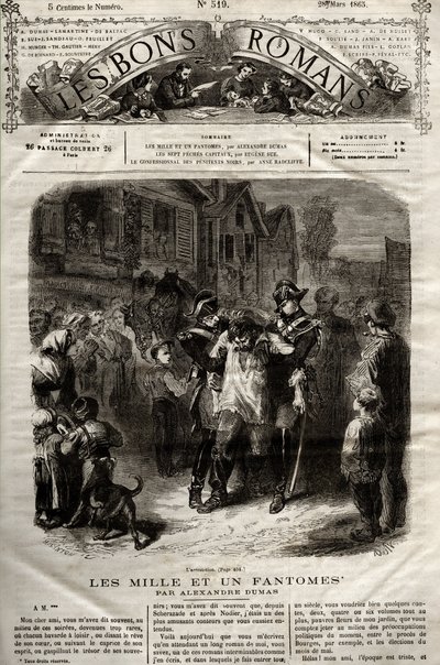Illustration aus dem Roman „Die Tausend und ein Phantom“ von Alexandre Dumas père, erschienen in „Die guten Romane“ vom 28.03.1865 von French School