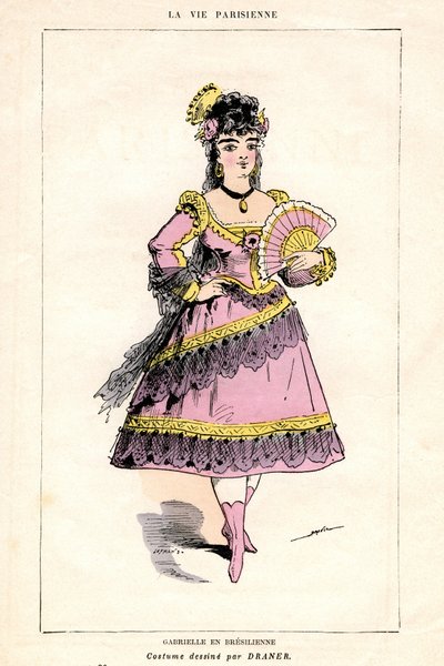 Illustration von „La Vie Parisienne“, Stück und Oper (Opern-Food) von Jacques Offenbach auf ein Libretto von Ludovic Halevy und Henri (Henry) Meilhac, Buchausgabe der Illustree Buchhandlung 1875 - Gabrielle in Bresilienne: Kostüm gezeichnet von Draner (183 von French School