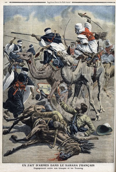 Im englischen Sahara: Kampf zwischen französischen Truppen und Tuaregs, Illustration aus der Zeitung „Le Petit Journal“ vom 17. März von French School