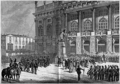 Einweihung des sardischen Denkmals von Vincenzo Vela (1820-1891) auf dem Schlossplatz in Turin (Italien) am 10. April 1859. Hinter der Statue befindet sich der „Palazzo Madama“. Basierend auf den Skizzen von Herrn Ferry. Gravur in „Le Monde Illustré“ Nr. 1 von French School