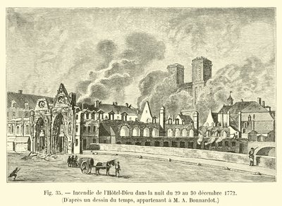Brand des Hôtel-Dieu in der Nacht vom 29. auf den 30. Dezember 1772, nach einer zeitgenössischen Zeichnung im Besitz von M. A. Bonnardot von French School