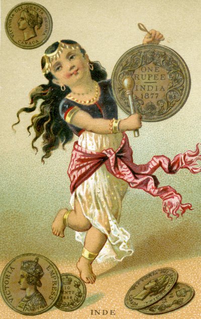 Indische Tänzerin, die eine Rupientrommel schlägt, aus einer Serie von Werbekarten über Währungen in verschiedenen Ländern, veröffentlicht in Paris von Baster & Vieillemard für den Schokoladenhersteller Chocolat Ible von French School
