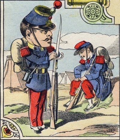 Linieninfanterie. Gravur im „Komischen Militäralphabet“. Fünfte Serie. Epinaler Bildgebung. Pellerin und Cie, Drucker, Epinal, Ende des 19. Jahrhunderts. 16 Seiten von French School