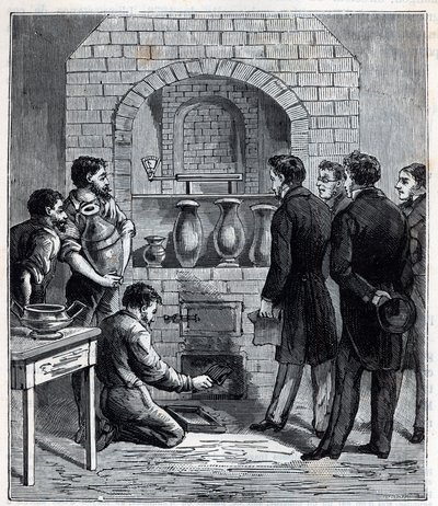 Installation des Pyrometers durch Alexandre Brongniart (1770-1847), französischer Wissenschaftler in der Manufaktur von Sèvres - Gravur in „Sciences mises à la portée de tous - Physik und Chemie“ von Alexis Clerc - Ende des 19. Jahrhunderts von French School