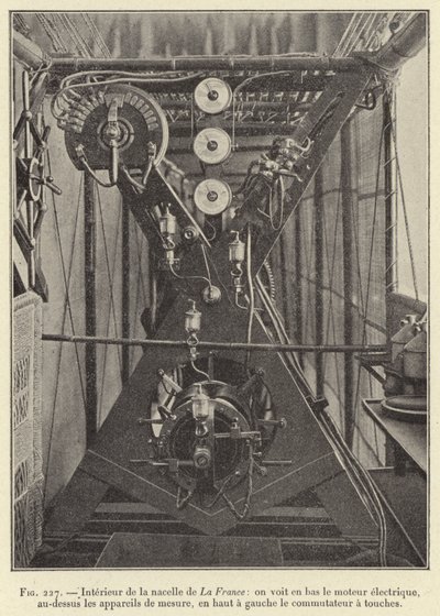 Innenraum der Gondel von La France: unten sieht man den Elektromotor, darüber die Messgeräte, oben links den Tastschalter von French School