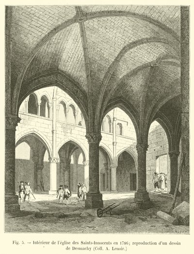 Innenraum der Kirche der Saints-Innocents im Jahr 1786; Reproduktion einer Zeichnung von Desmachy, Sammlung A. Lenoir von French School