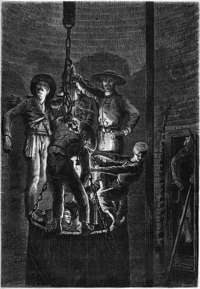 Innenansicht eines Kohlebergwerks: Aufstieg des Müllcontainers. 1861. Gravur in „Le Monde Illustré“ Nr. 238 vom 2. November von French School