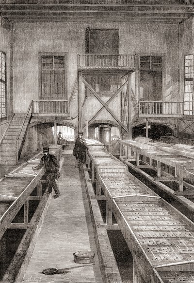 Innenansicht einer Fischfarm des 19. Jahrhunderts in Huningue, Frankreich, aus Les Merveilles de la Science, veröffentlicht um 1870 (Gravur) von French School