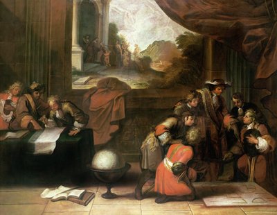 Innenansicht eines Raumes mit Geographen und Mathematikern, ca. 1680-90 von French School
