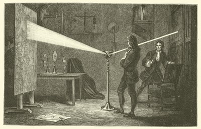 Isaac Newton zerlegt Licht (Stich) von French School