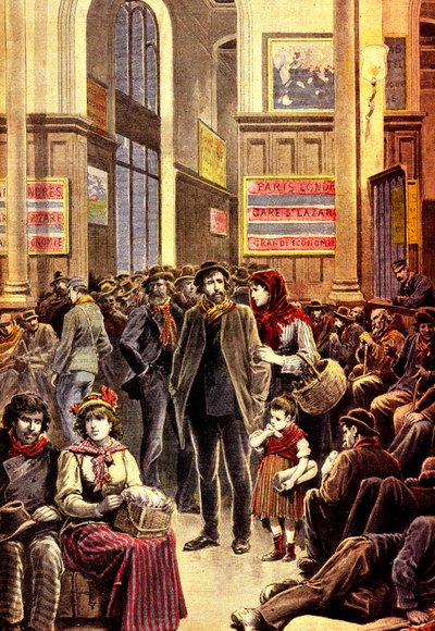Italienische Auswanderer in Paris im Bahnhof Gare Saint Lazare im März 1896 (Gravur) von French School