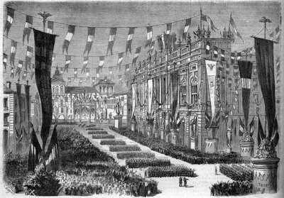 Italienische Einigung, Turin, 2. April 1860: Dekoration des Schlossplatzes (Piazza Castello) anlässlich der Eröffnung des italienischen Parlaments. Gravur in „Le Monde Illustré“ Nr. 157 vom 14. April 1860. von French School