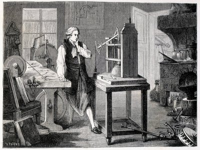 James Watt studiert die Perfektionierung von Newcomens Maschine (1767) - in „Album der Wissenschaft; berühmte Gelehrte; Große Entdeckungen“ 1896 von French School