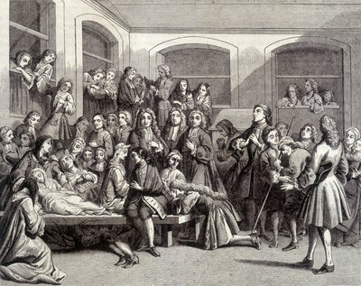 Jansenismus: die Konvulsionäre des Friedhofs Saint-Médard am Grab des Diakons Parés (1690 - 1727), wo „Wunder“ geschahen. Druck des 18. Jahrhunderts von French School