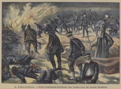 Japanische Soldaten verbrennen die Leichen ihrer toten Kameraden, die bei der Belagerung von Port Arthur getötet wurden, Russisch-Japanischer Krieg von French School