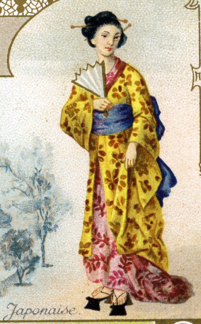 Japanische Frau. Edition der Pariser Lithographie, Ende des 19. Jahrhunderts. Serie von 25 Werbechromos für die Dijon-Herstellung von Biscuits Pernot, gegründet 1869. Detail der Figuren in traditioneller Tracht von French School