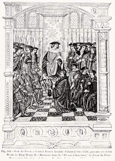 Jean le Feron (1504-70) überreicht eines seiner Werke König Heinrich II. (1519-89) aus Blason d