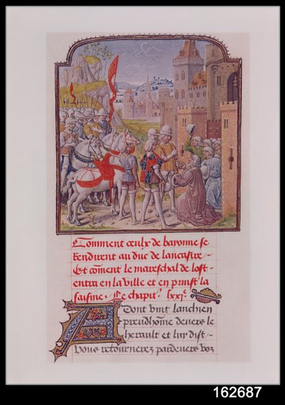 Johann von Gent wird von den Bürgern von Bayonne an den Stadttoren empfangen, aus Froissarts Chronik, spätes 15. Jahrhundert von French School