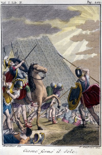 Josua stoppt den Lauf der Sonne, Gravur nach einer französischen Ausgabe der Bibel präsentiert von De Sacy. Paris von French School