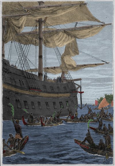 Reise von Samuel Wallis (1728-1795) nach Polynesien: Eingeborene halten Bananenblätter in der Hand als Willkommensgruß - Illustration aus „Die großen Seefahrer des 18. Jahrhunderts“ von French School