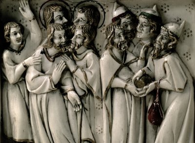 Judas erhält dreißig Silberlinge, Detail des Elfenbeindiptychons, französisch von French School