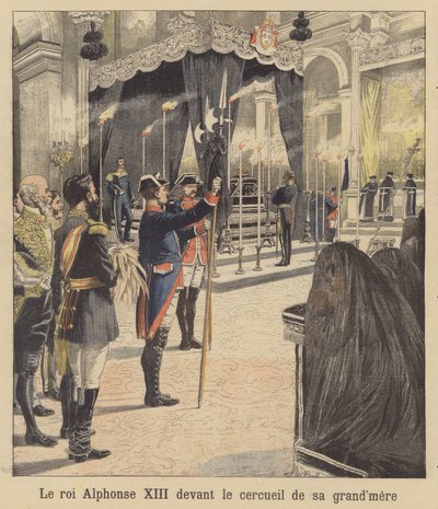 König Alfons XIII. von Spanien vor dem Sarg seiner Großmutter, Königin Isabella II. von French School