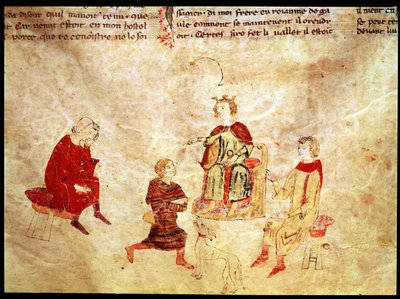 König Artus auf seinem Thron, umgeben von seinen Beratern, aus dem Roman de Meliadus von French School