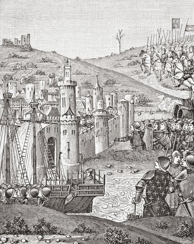 König Karl VII. verlässt Rouen und macht sich auf, die Stadt Harfleur zu belagern, nach einer Miniatur aus dem Manuskript Chroniques de Monstrelet aus dem 15. Jahrhundert, aus Wissenschaft und Literatur im Mittelalter von Paul Lacroix, London 1878 von French School