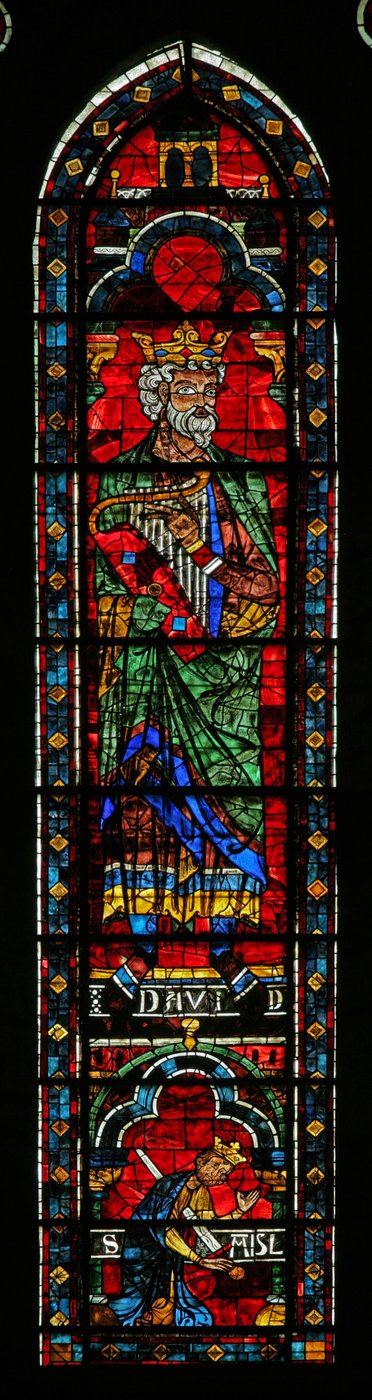 König David mit Harfe; König Saul tötet sich selbst darunter von French School