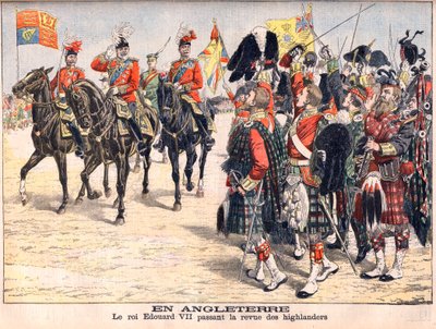 König Edward VII. inspiziert Highland-Truppen. In England. König Edward VII. (1841-1910) inspiziert die Highlander. Illustration für Le Petit Journal, 8. Oktober 1905. von French School