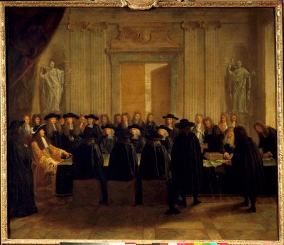 König Ludwig XIV. hält die Siegel in Anwesenheit der Staatsräte und des Meisters der Anfragen, während er selbst das Amt des Kanzlers von Frankreich zwischen Februar und April 1672 innehatte (anonymes Gemälde) von French School