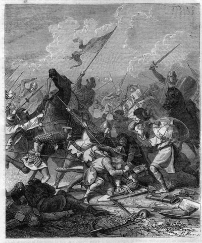 König Otto I. von Germania, genannt der Große (912-973), überrascht von den Rebellen in Rom. Gravur in „Histoire des Papes-Rois-Queen and Empereurs à travers les siècles“ von Maurice Lachatre von French School