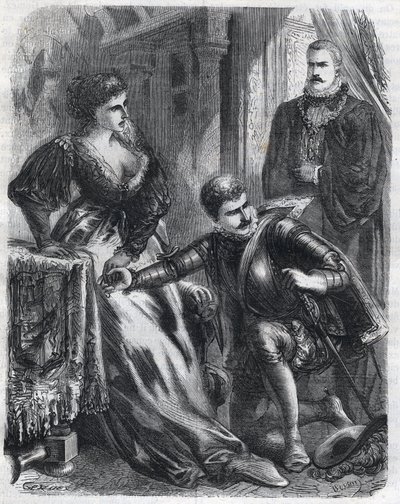 König Philipp II. (1527-1598) überrascht seinen Sohn, Prinz Don Carlos (1545-1568), als er versucht, seine Stiefmutter, Königin Elisabeth (1545-1568) (Elisabeth von Frankreich oder Isabelle von Valois), zu vergewaltigen, am 17. Januar von French School