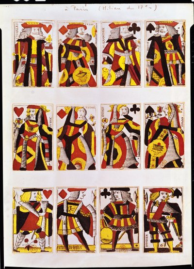 König, Königin und Bube spielen Karten (farbiger Holzstich) von French School
