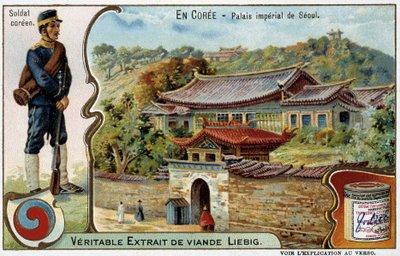 Korea: Kaiserpalast in Seoul und Soldatenkostüm - Chromolithografie Liébig, ca. 1900 von French School
