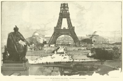 Die Weltausstellung von 1889, Stand der Arbeiten am Champ de Mars, Blick vom Palais du Trocadéro, nach einem Foto von M. H.-C. Godefroy von French School