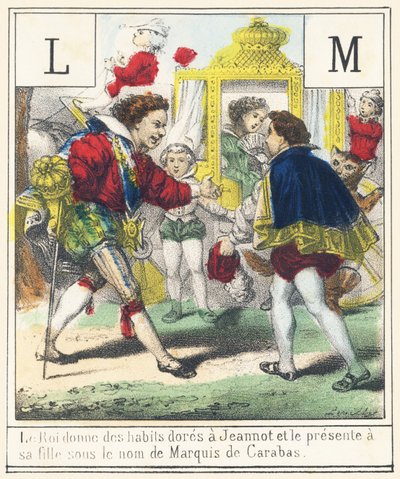Der König gibt Jeannot goldene Kleider und stellt ihn seiner Tochter als Marquis de Carabas vor von French School