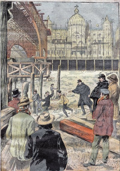 Die gefrorene Seine, nahe der für die Weltausstellung erbauten Eisenbrücke, neben der Pont des Invalides, Winter 1899. Gravur in „Le Pelerin“ 31/12/1899. von French School