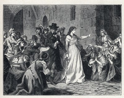 Die Schreckensherrschaft während der Französischen Revolution: Madame Jeanne Marie Roland de la Platière (1754-1793) verlässt das Gefängnis Concierge, um 1793 vor das Revolutionstribunal zu treten. Ihre Mitgefangenen knien auf ihrem Weg nieder. von French School