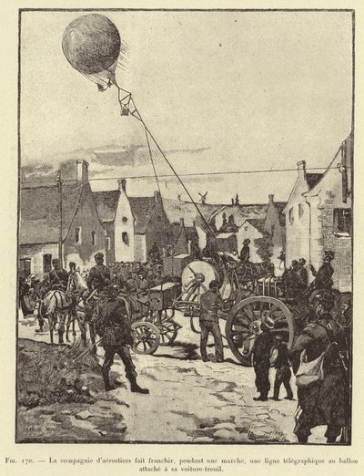 Die Aerostier-Kompanie überquert während eines Marsches eine Telegrafenlinie mit dem an ihrem Windenwagen befestigten Ballon von French School