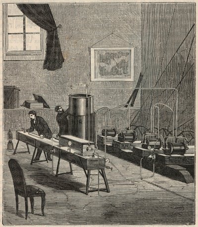 Die Verflüssigung von Gasen im Labor von Raoul Pictet (1878) - Raoul Pierre Pictet (1846-1929), Schweizer Physiker, führt ein Experiment zur Verflüssigung und Verfestigung von Wasserstoffgas durch und untersucht die Eigenschaften von Stoffen bei niedrigen  von French School