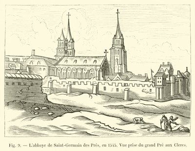 Die Abtei Saint-Germain des Prés im Jahr 1545, Blick vom großen Pré aux Clercs von French School