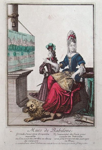 Dame zeigt ein Bild von Semiramis und den Hängenden Gärten von Babylon von French School
