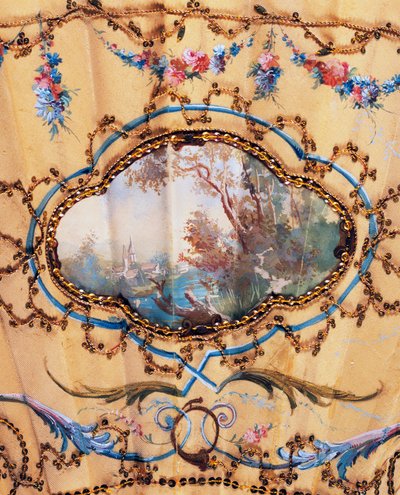 Landschaft, Detail eines Handfächers, der Rast während der Jagd darstellt, bemalte Seide und Knochen, erstellt von Felix Alexandre von French School