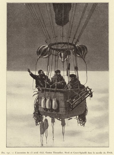 Der Aufstieg vom 15. April 1875, Gaston Tissandier, Sivel und Croce-Spinelli in der Gondel des Zenith von French School