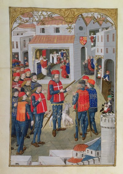 Lat 6067 fol.33v Die Ritter des Johanniterordens bereiten sich auf die Verteidigung von Rhodos vor, aus A History of the Siege of Rhodes, von Guillaume Caoursin, 1483 von French School